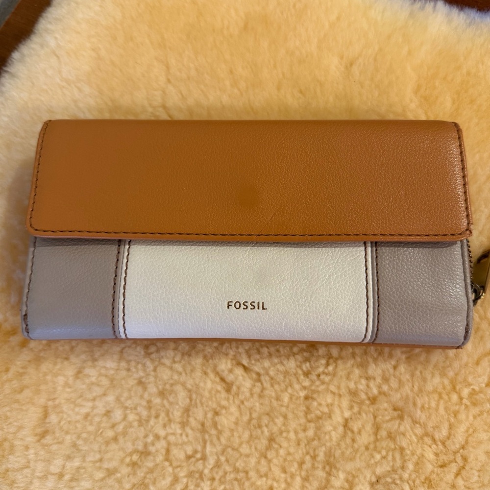 Fossil jori zip clutch leather wallet grey multi color - Vintage